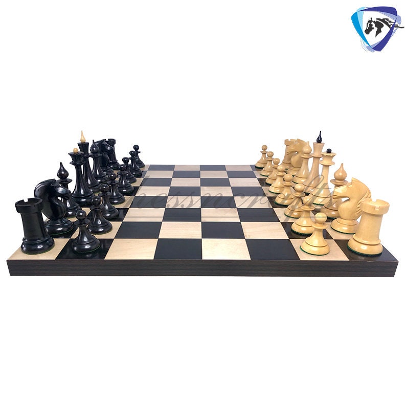 4.1" 1950 Soviet(Russian) Latvian Chess Pieces Set in Ebonized Boxwood-Reproduction chess pieces + 55mm SQ Ebonywood Borderless chess board