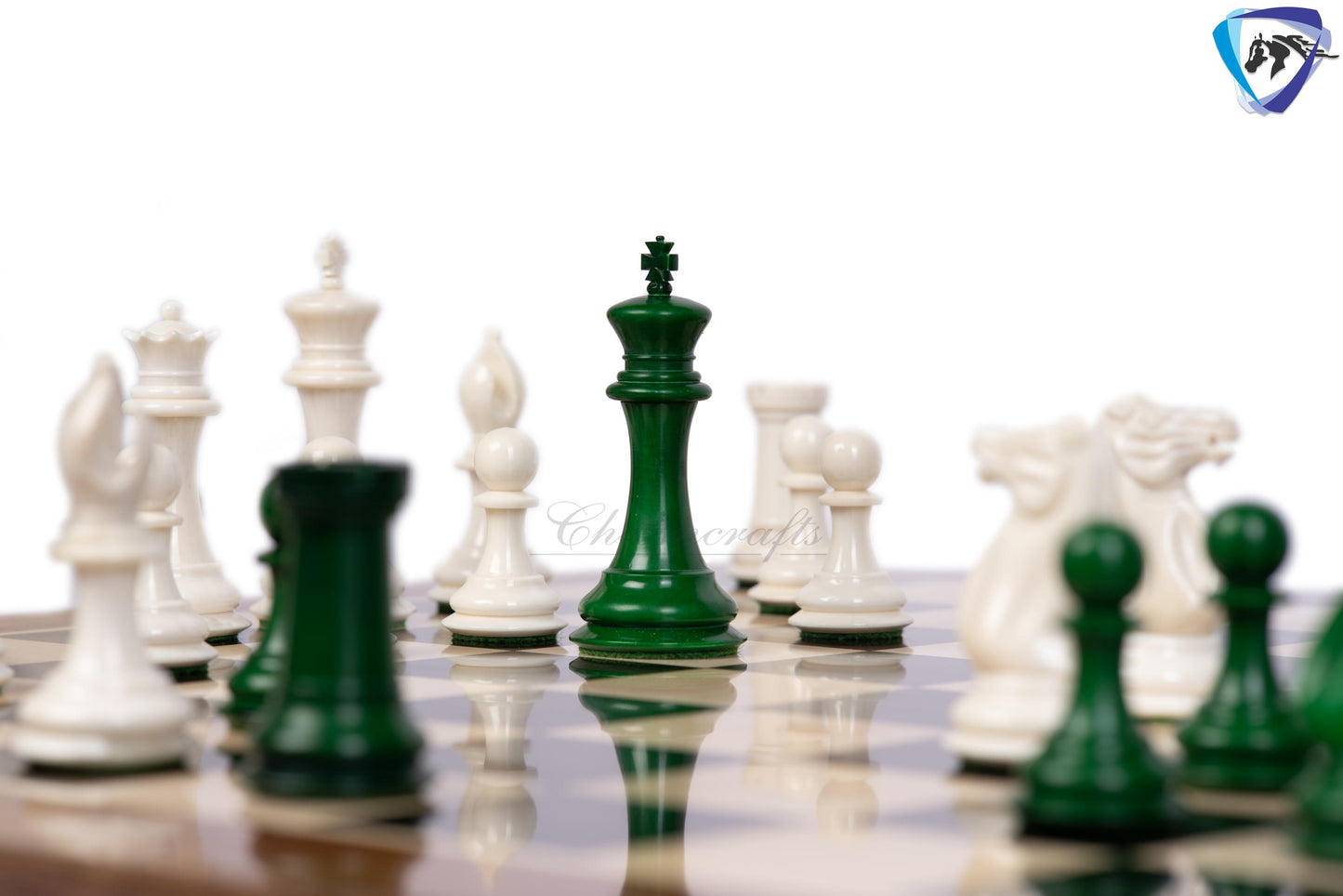 3.75" Camel Bone Staunton chess Pieces set- 1849 reproduced Cooke in Green-White + 21" Ebony wood chess board + Leather Storage Box