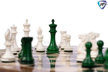 3.75" Camel Bone Staunton chess Pieces set- 1849 reproduced Cooke in Green-White + 21" Ebony wood chess board + Leather Storage Box