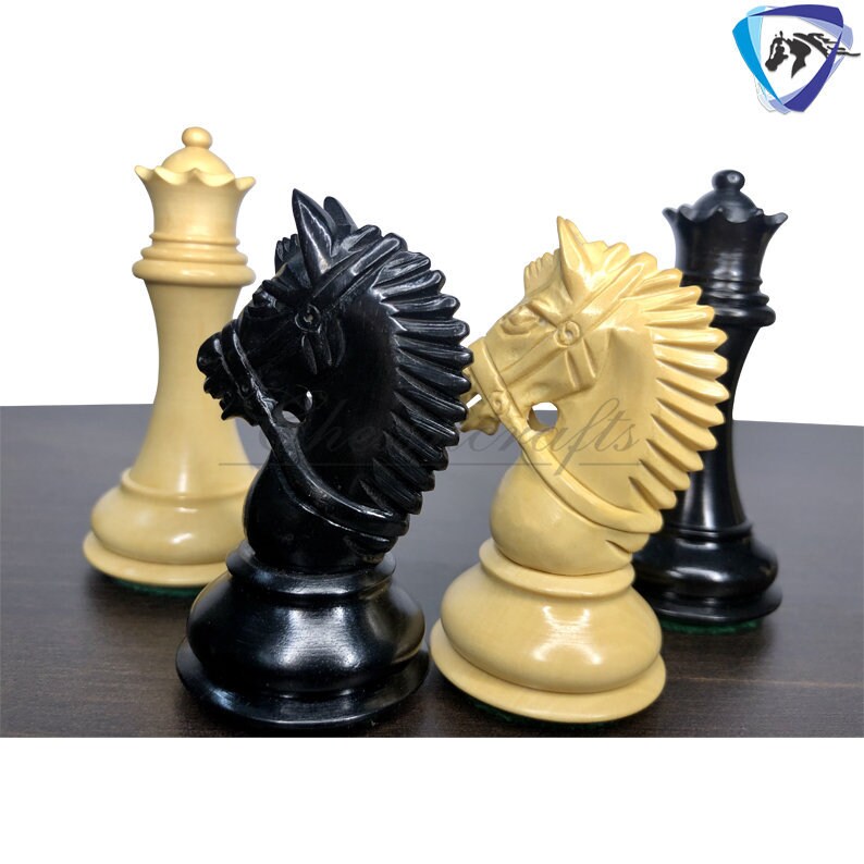 4.1" Staunton Chess Pieces Set in Ebony wood & Boxwood- EXCALIBUR  Weighted w/ 2 Extra queens- 4Q