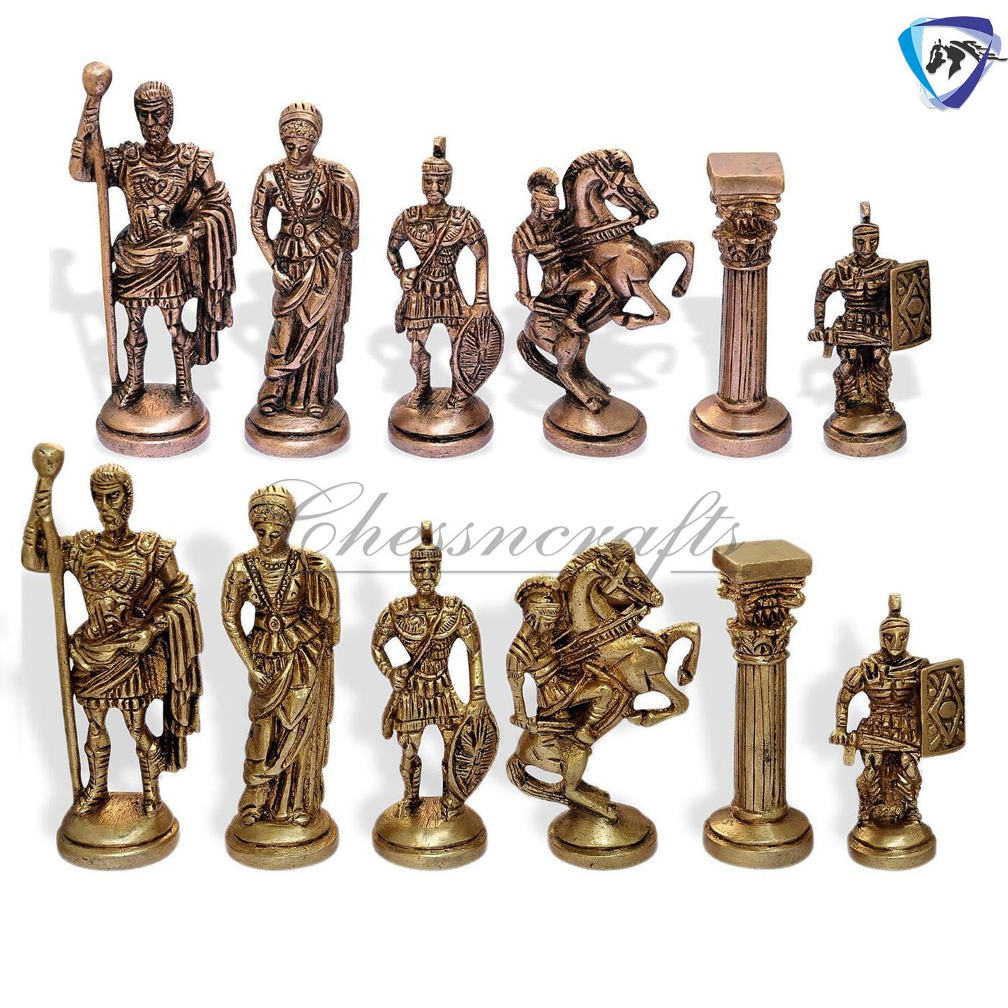 Folding Brass Roman chess figures & rosewood chess board set with storage of chess men.