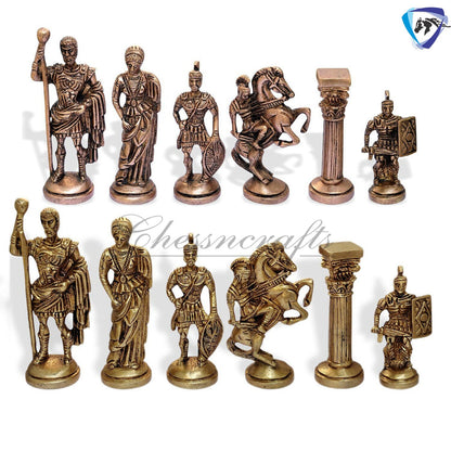 Folding Brass Roman chess figures & rosewood chess board set with storage of chess men.