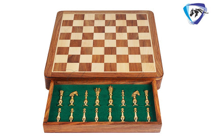 16" Brass Chess Board Set CLASSICAL Chess Pieces Black-gold and Rosewood Chess board with Storage drawer | Chess Gift /CHRISTMAS