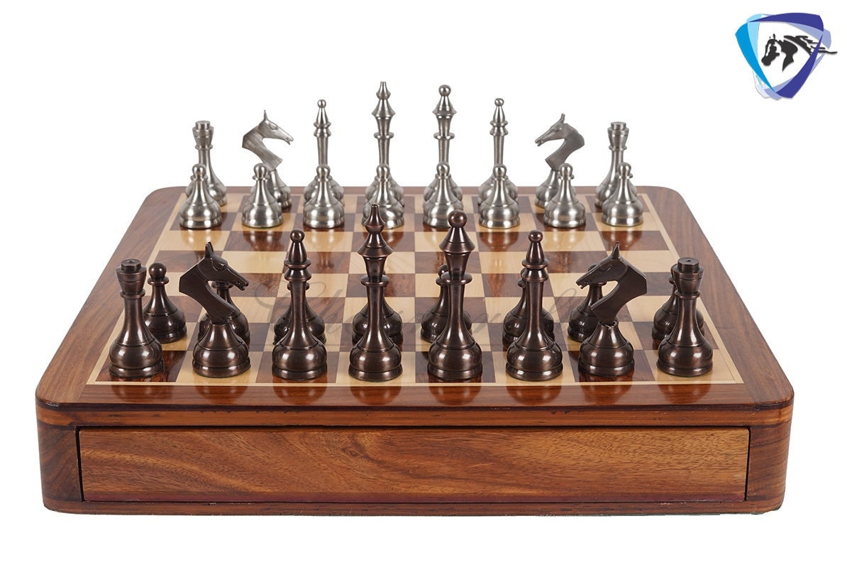 16" Brass Chess Board Set MODERN CLASSIC Chess Pieces Copper-Silver and Rosewood  Chess board with Storage drawer- Chess Gift- Gift for Him