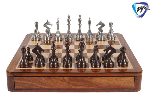 16" Brass Chess Board Set MODERN CLASSIC Chess Pieces Copper-Silver and Rosewood  Chess board with Storage drawer- Chess Gift- Gift for Him