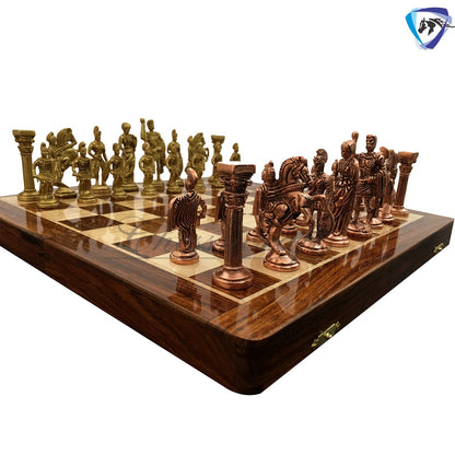 Folding Brass Roman chess figures & rosewood chess board set with storage of chess men.