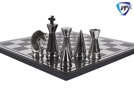 Luxury metal chess Board set Black-silver polish- chess Gift-Chess set for Home Decor - 14" Chess board set with Leatherette storage box