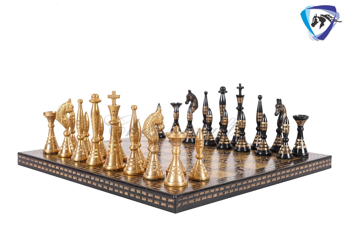 12" Solid Brass Metal Hand carved Chess set- Minar (Tower) chess men Carving with velvet storage box - Vintage Collector antique series