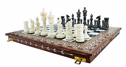 Combo of 16" INLAY ART WORK Wooden folding chess board and 4" Camel Bone Chess pieces Set Black & White