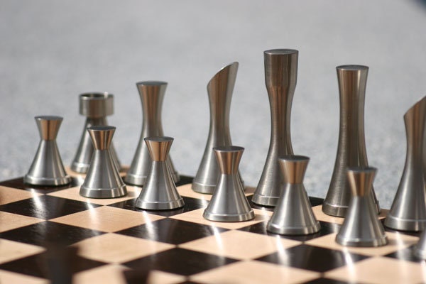 Solid Brass Chess pieces set MINIMALIST STEEL SLEEK Silver copper finish Chess coins set- King: 3.5"