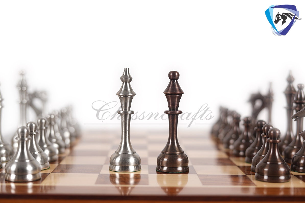 Brass Chess pieces set Modern classic Series SILVER & COPPER ANTIQUE polish King: 3.9" Solid Brass Chess pieces | Chess Gift for Him
