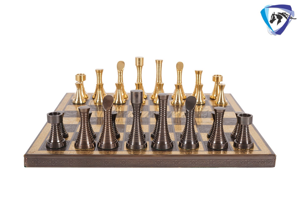 14" Solid Brass Metal Chess set- Slim Rings chess men Carved with velvet storage box - Vintage Collector antique set- Brass Chess board set.