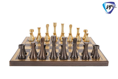 14" Solid Brass Metal Chess set- Slim Rings chess men Carved with velvet storage box - Vintage Collector antique set- Brass Chess board set.