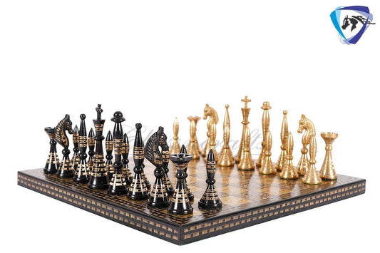 12" Solid Brass Metal Hand carved Chess set- Minar (Tower) chess men Carving with velvet storage box - Vintage Collector antique series