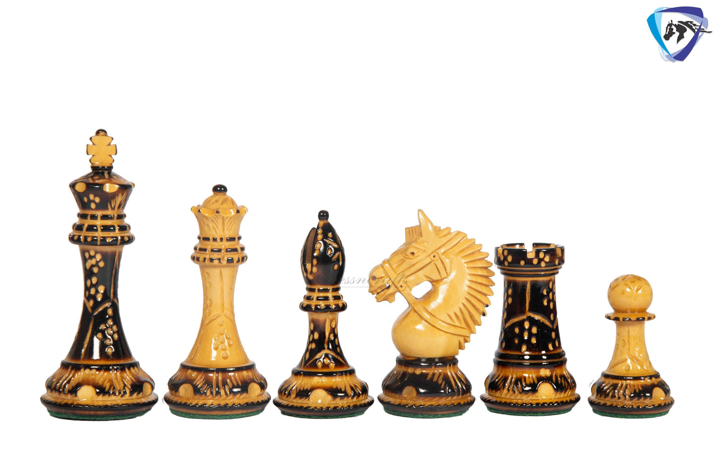 4.1" Staunton Chess pieces Set in Burnt Boxwood with carving-EXCALIBUR  + 23" Ebony wood Chess Board(60MMSQ) + Leather Storage Box COMBO