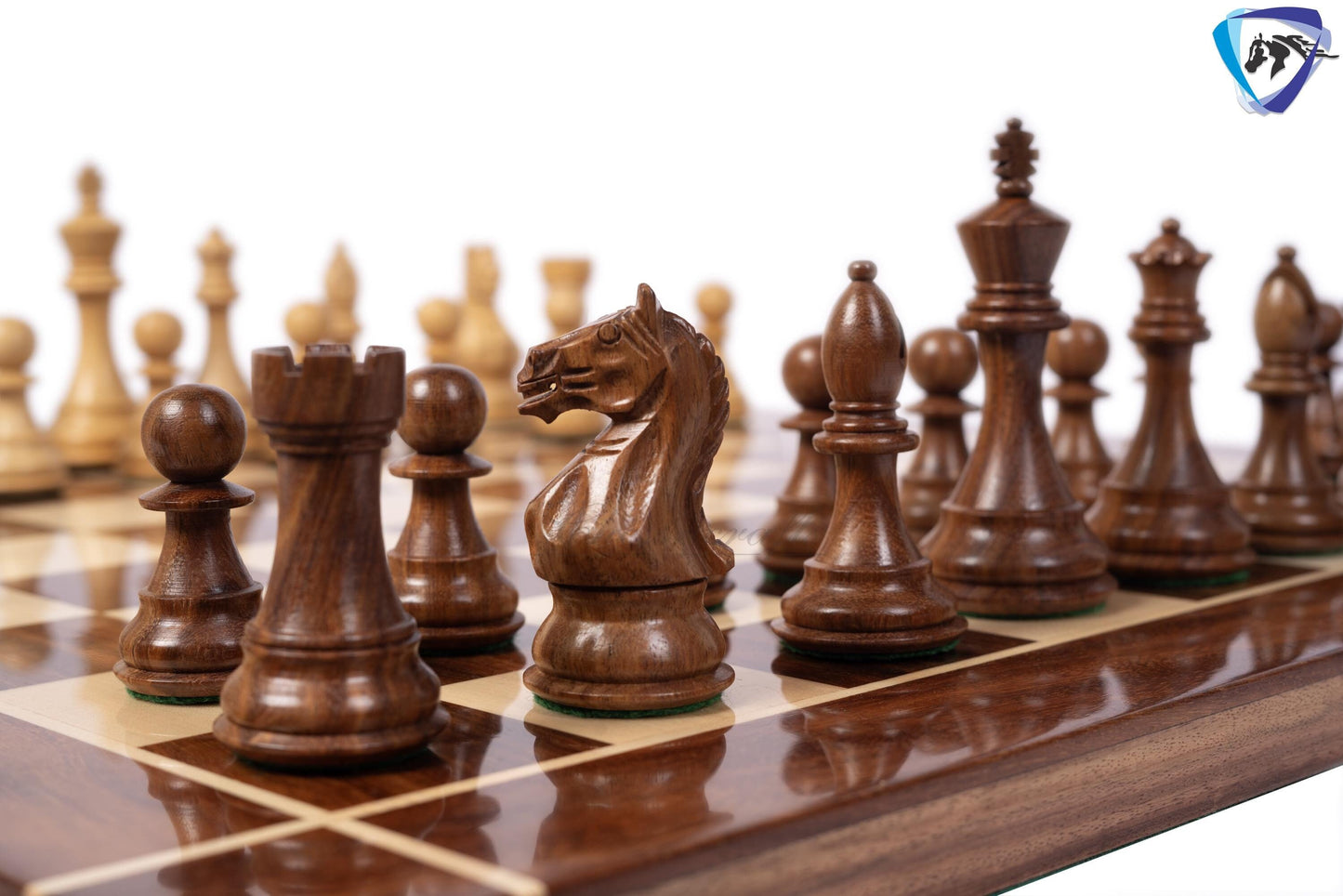 4" Fierce Knight Staunton Chess pieces Set in Golden Rosewood + 21" Golden rosewood(sheesham) Chess Board + Solid wood chess Storage Box