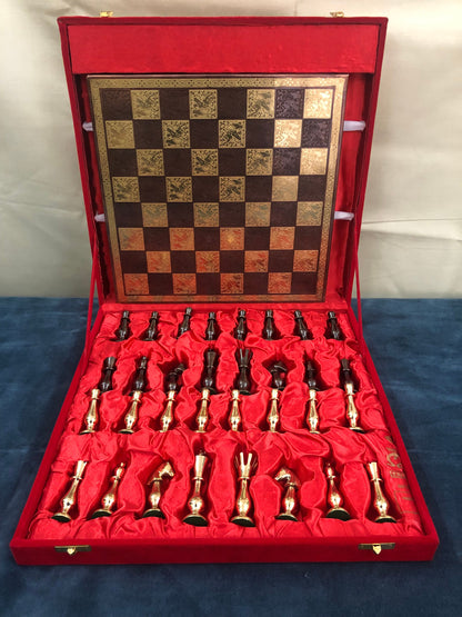 14" Brass Metal Chess Set with Brass chess Board and velvet storage box King 3.5" classical design gold & black glossy pieces.