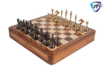 16" Brass Chess Board Set MODERN CLASSIC Chess Pieces Black-gold and Rosewood  Chess board with Storage drawer- Chess Gift- Gift for Him