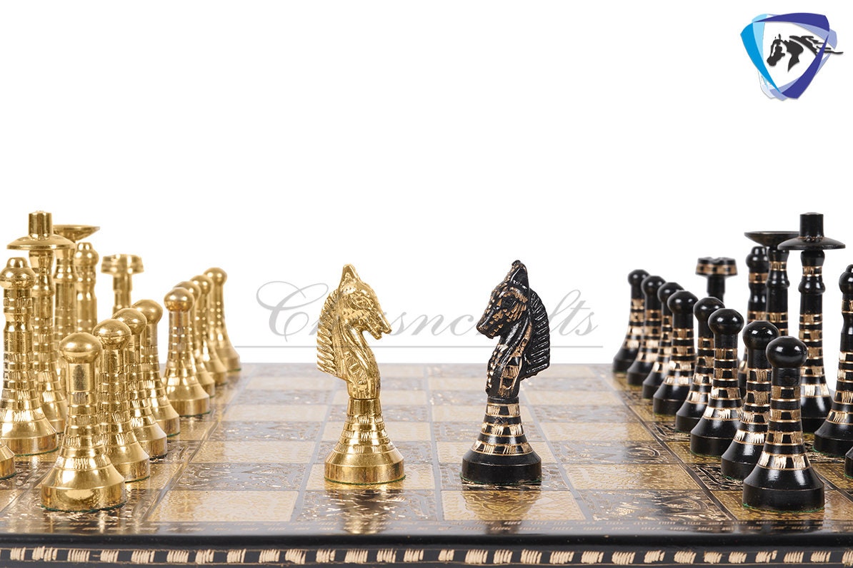 14" Solid Brass Metal Classic HUNGARIAN Hand carved Chess set- BLACK-GOLD Slim chess men Carving with velvet storage box Chess board set.