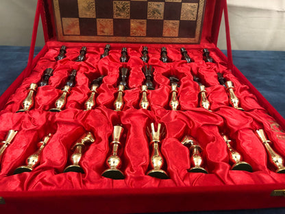 14" Brass Metal Chess Set with Brass chess Board and velvet storage box King 3.5" classical design gold & black glossy pieces.