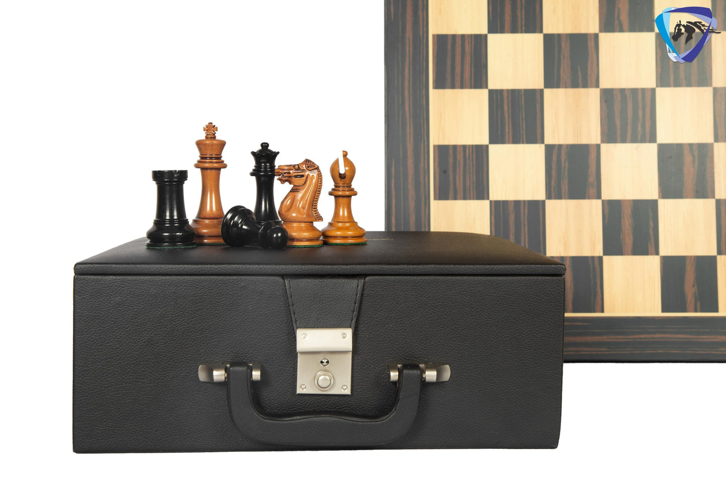 3.75" Staunton Chess Pieces Set 1849 Reproduced Antiqued Distressed & Ebony wood + 21" Ebony look chess board(sq 55mm) + Leather Storage box