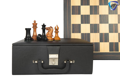 3.75" Staunton Chess Pieces Set 1849 Reproduced Antiqued Distressed & Ebony wood + 21" Ebony look chess board(sq 55mm) + Leather Storage box