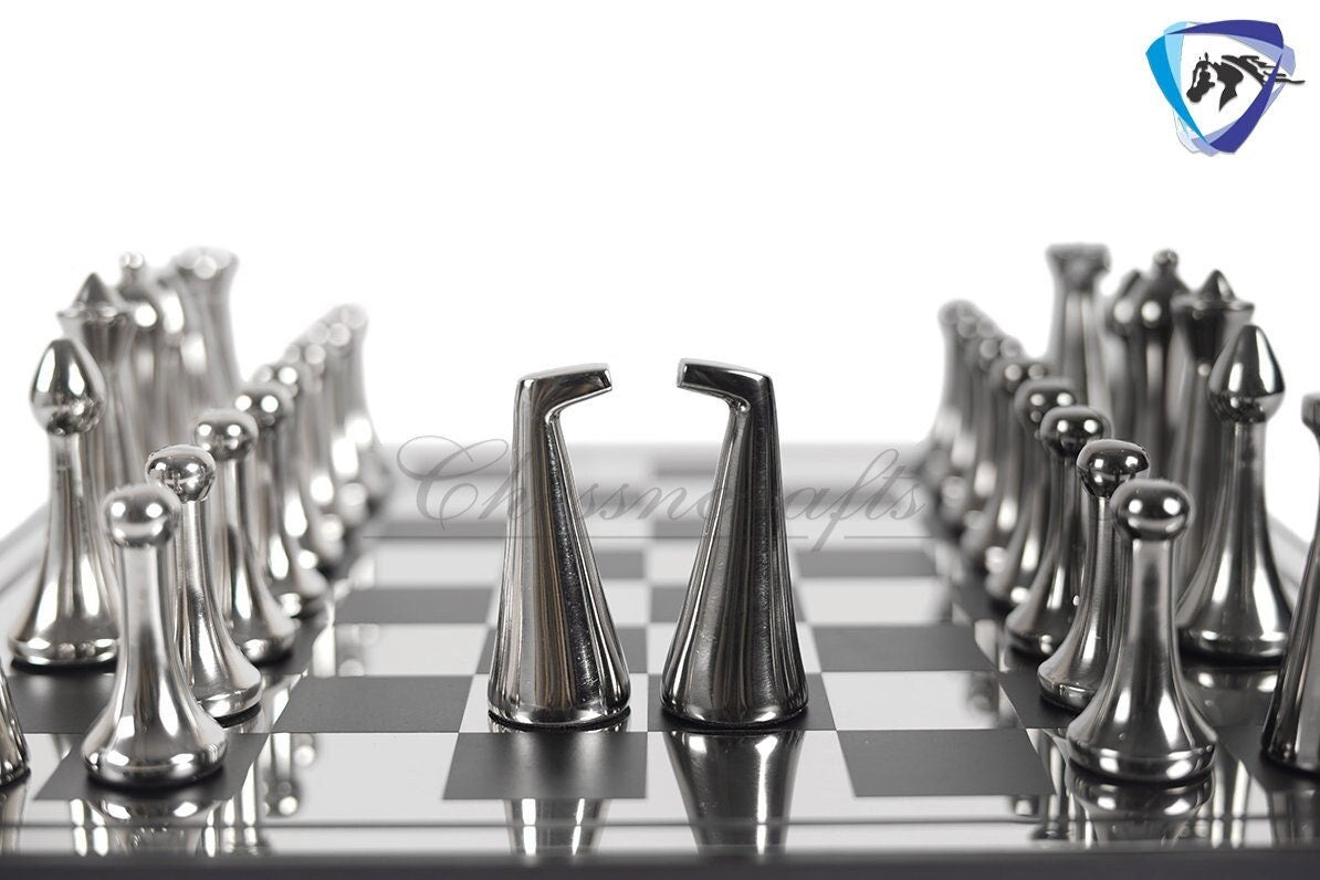 16" Metal chess Board set Reproduced Hermann Ohme Metal chess Set Unique modern design Black-silver Glossy Polish MODERN HOME DECOR Chess
