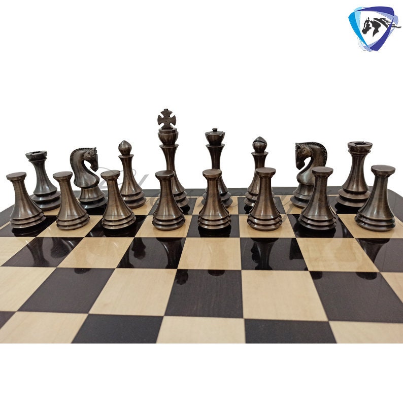 4.4" Brass Metal Russian Zagreb chess pieces set Reproduction Antique & Silver polish / 21" Ebonywood Chess Board Combo- Chess Gift.