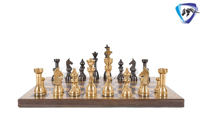 14" Solid Brass Metal Chess set- Apple bottom chess men Carved with velvet storage box - Vintage antique set- Brass Chess board set.