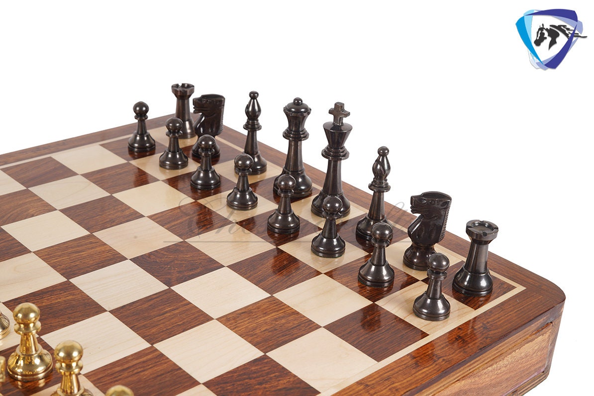 16" Brass Chess Board Set INTERNATIONAL Chess Pieces Black-gold and Rosewood Chess board with Storage drawer | Chess Gift /CHRISTMAS