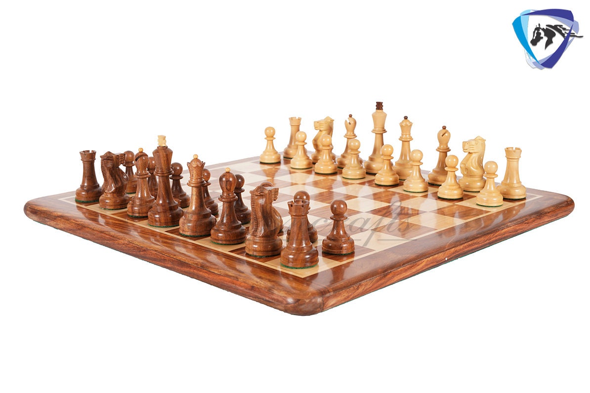 COMBO 3.75" Chess Pieces Set Soviet Grandmaster Supreme  Golden Rosewood & Boxwood + 19"(51mm) Golden Rosewood Chess Board - Chess Board Set