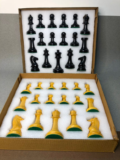 1854 Reproduction Walter Grimshaw Circa 3.5" Staunton Chess Pieces Set in Antiqued Boxwood & Ebony wood- Weighted Extra queens + Storage.