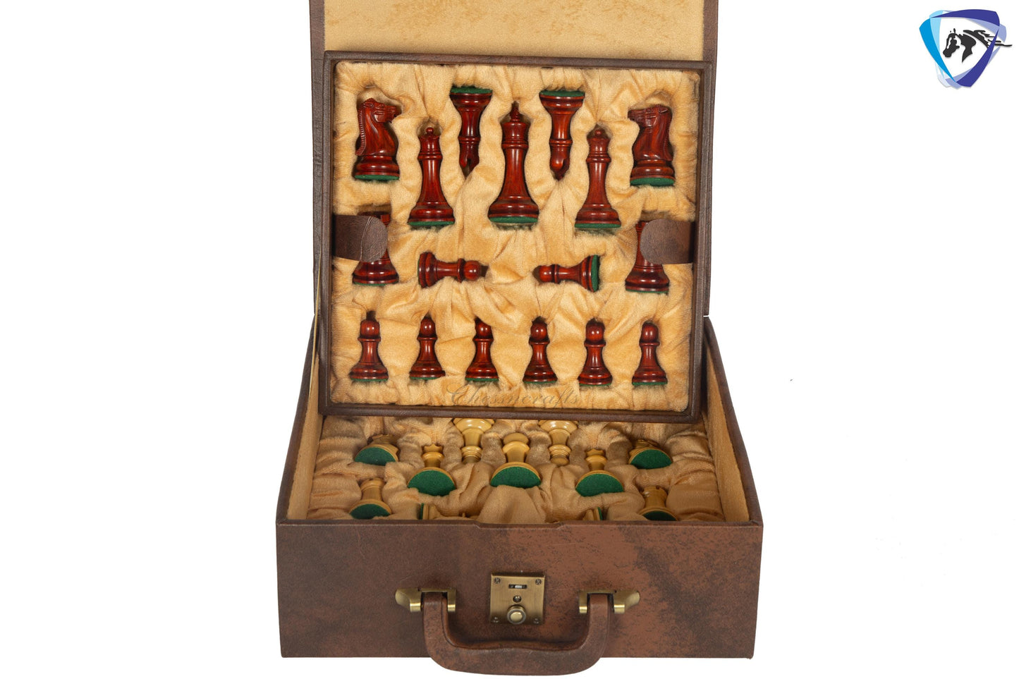3.75" Staunton Chess Pieces Set 1849 Reproduced in Bud Rosewood & Boxwood + 21" Ebony look chess board(sq 55mm) + Leather Storage box