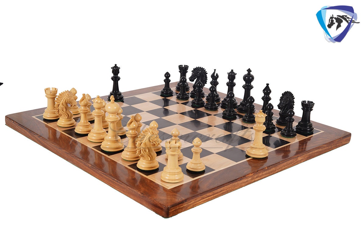 4.5" Ebonywood Staunton Chess pieces Set - VICTORIA CROSS Luxury- Triple Weighted + 21" ebonywood chess board + Leatherette storage box
