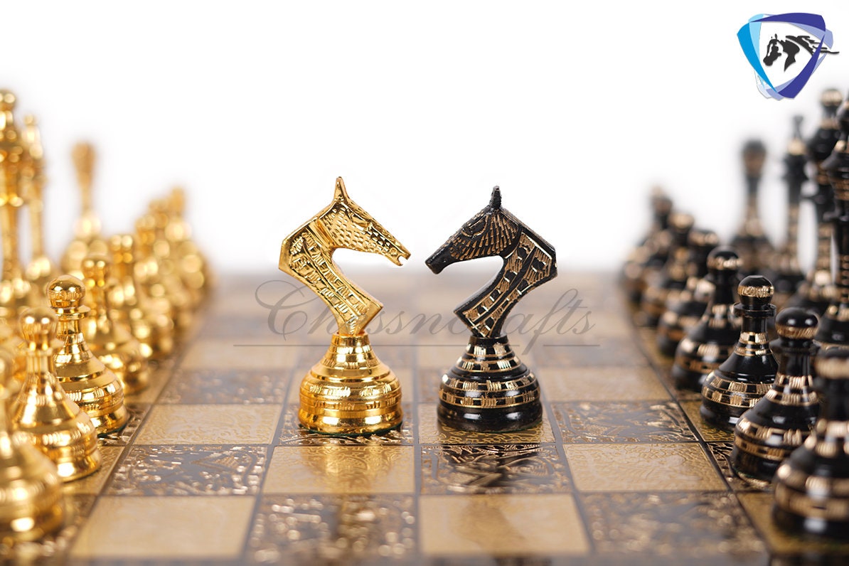 14" Solid Brass Metal Chess set- Russian Soviet Chess with Carving & Velvet storage box - Vintage Collector antique set