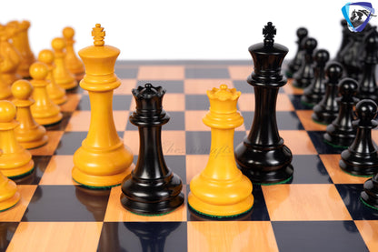 1849 Staunton Chess Pieces Set in Antiqued Boxwood & Ebony wood- 4.5" King + 21" Ebony look chess board(sq 55mm) + Leather Storage box