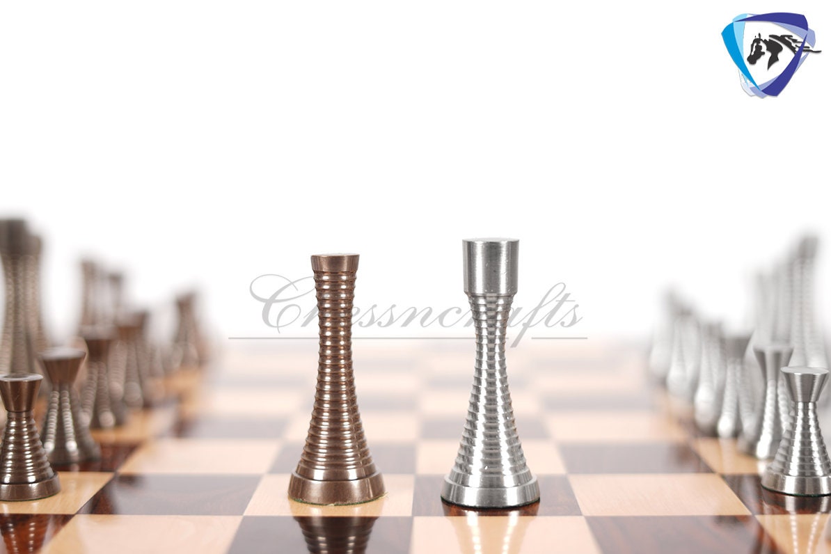 19" Rosewood Chess Board set with 3.5" Solid Brass Chess pieces set RING STEEL SLEEK Silver & Antique Polish Minimalist Chess Board set.
