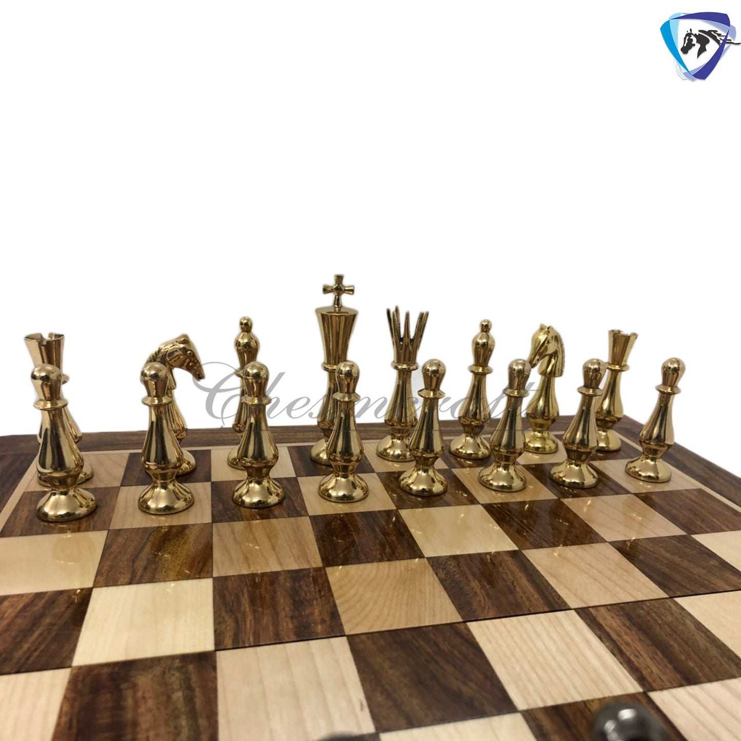 Brass Metal chess set with wooden chess board folding with storage- King 3.5" classical design gold & black glossy pieces.