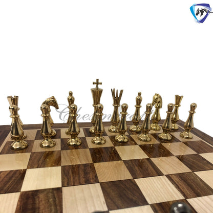 Brass Metal chess set with wooden chess board folding with storage- King 3.5" classical design gold & black glossy pieces.