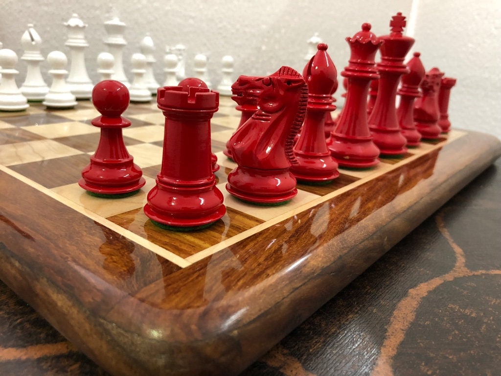 Club Staunton Chess pieces Set Boxwood Painted Red & White - King 3.75"  Weighted 2 Extra Queens- Lacquered glossy polish.