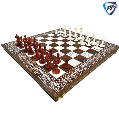 Combo Luxury Camel Bone Chess pieces Set ANTIQUE- White & 18" INLAY Art work Wooden folding chess board set.