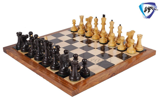 COMBO 3.75" Chess Pieces Set Soviet Grandmaster Supreme  Ebonised Boxwood + 16"(SQ:45mm) Ebonywood Chess Board - Chess Board Set