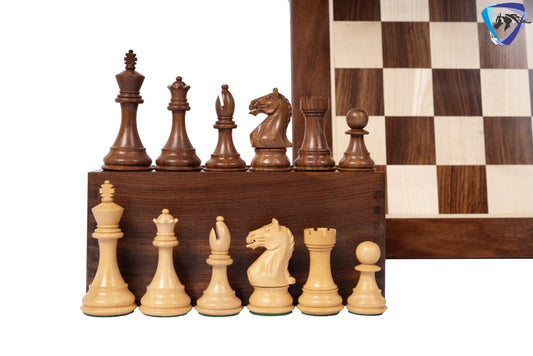 4" Fierce Knight Staunton Chess pieces Set in Golden Rosewood + 21" Golden rosewood(sheesham) Chess Board + Solid wood chess Storage Box