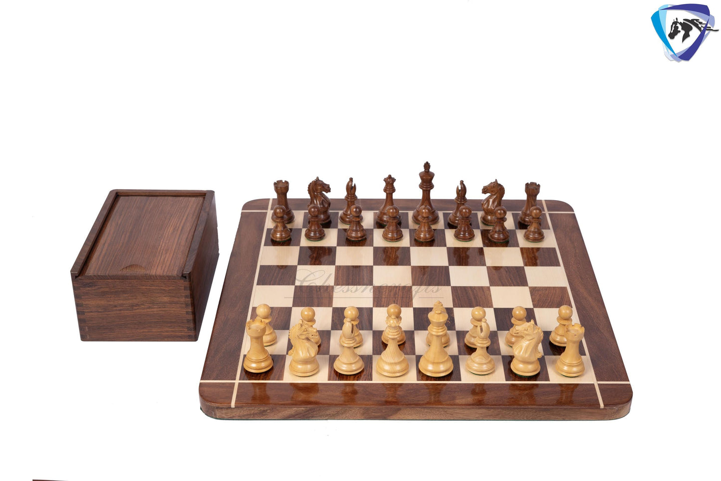 4" Fierce Knight Staunton Chess pieces Set in Golden Rosewood + 21" Golden rosewood(sheesham) Chess Board + Solid wood chess Storage Box