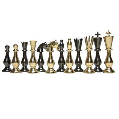 Brass Metal chess set with wooden chess board folding with storage- King 3.5" classical design gold & black glossy pieces.