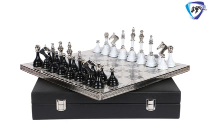 14" Brass Chess Board set- Modern Classic Hand carved- Soviet BLACK & WHITE EDITION chess pieces in velvet storage box - Chess Gift for Him