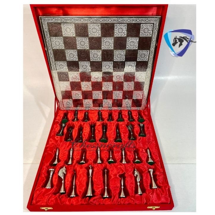 14" Brass Chess Board set ART DECO Chess Pieces - MEENAKARI chess board Hand carved in velvet storage box - Brass chess board set-Chess Gift