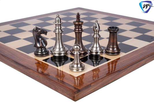 1849 Brass Staunton chess pieces set King: 4" MATTE STEEL-ANTQIUE finish+ 21" Ebonywood chess board(55mm) + Leather Storage box