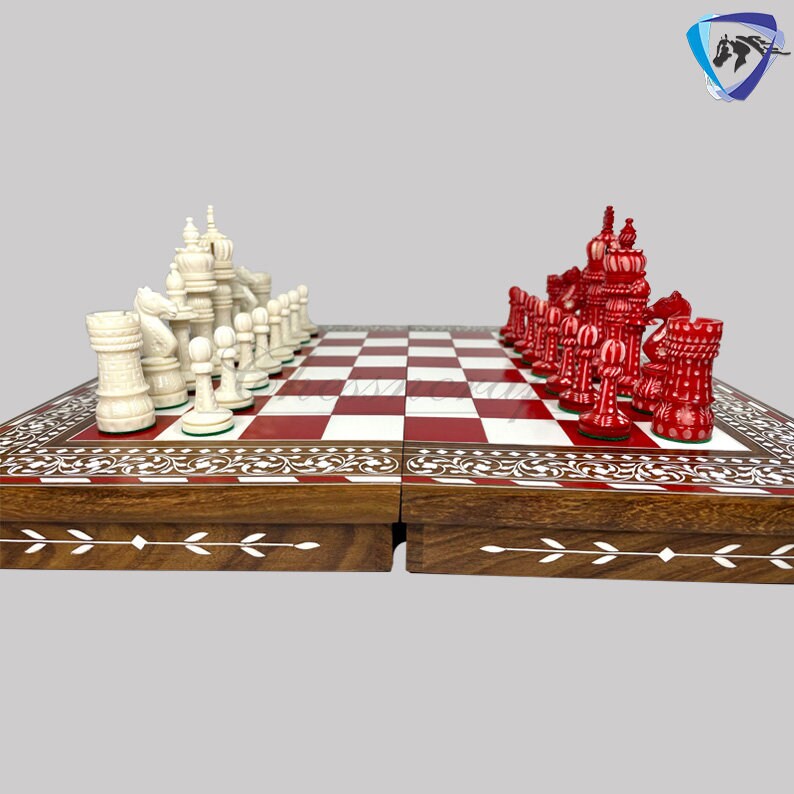 Combo of 16" INLAY ART WORK Wooden folding chess board and 4" Camel Bone Chess pieces Set Red & White