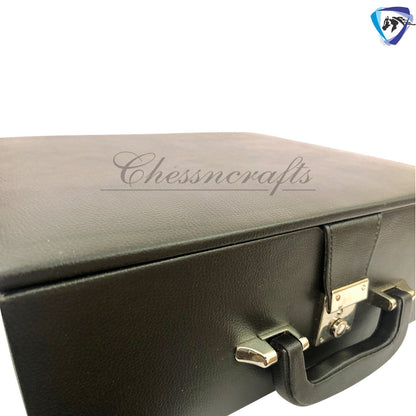 Leatherette Coffer Storage box for Chess Pieces of king Height: 4.0" to 4.5"- 2 Trays, Velvet lining & Lock w/ handle.